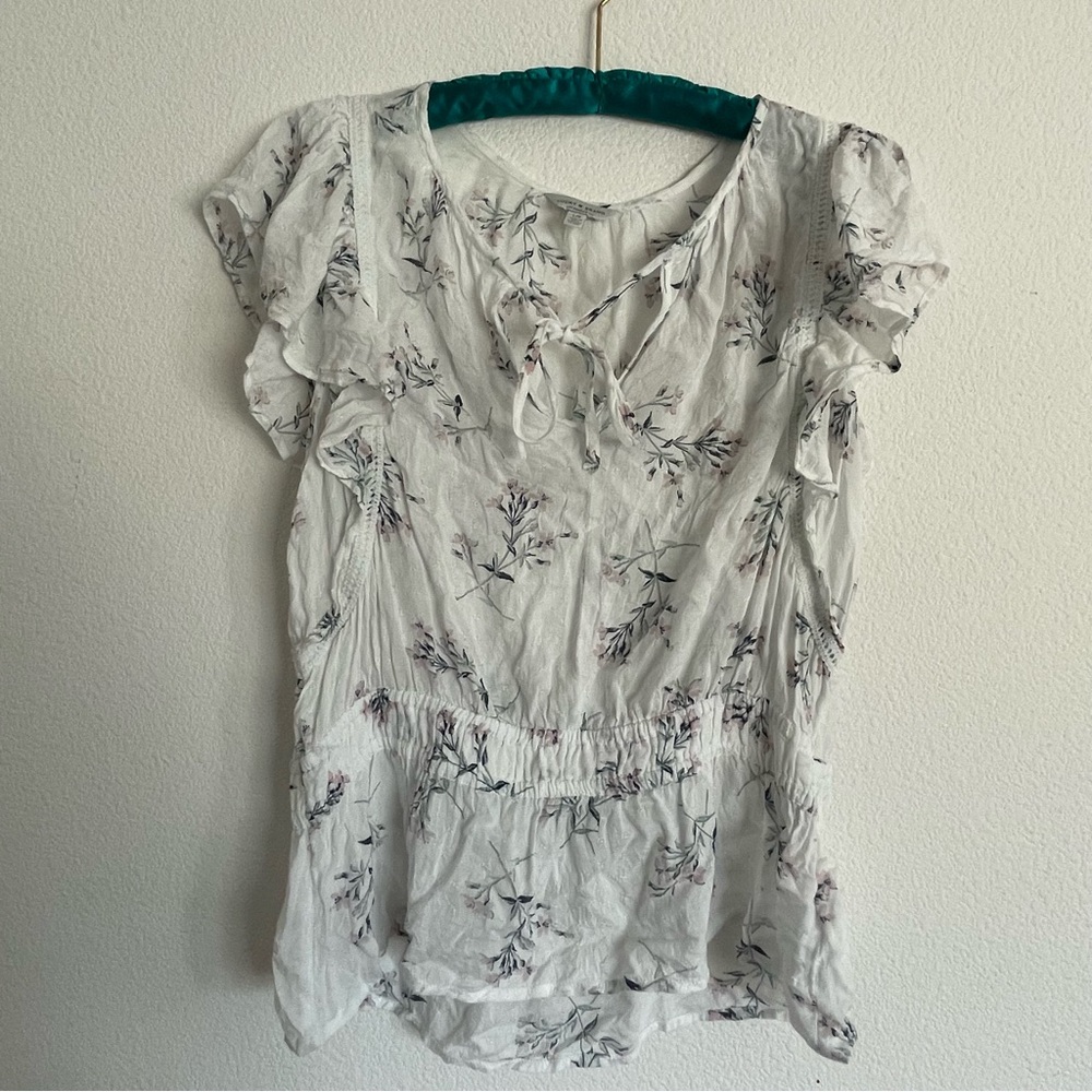 Lucky Brand White Floral Tie-Front Ruffle Sleeve Blouse